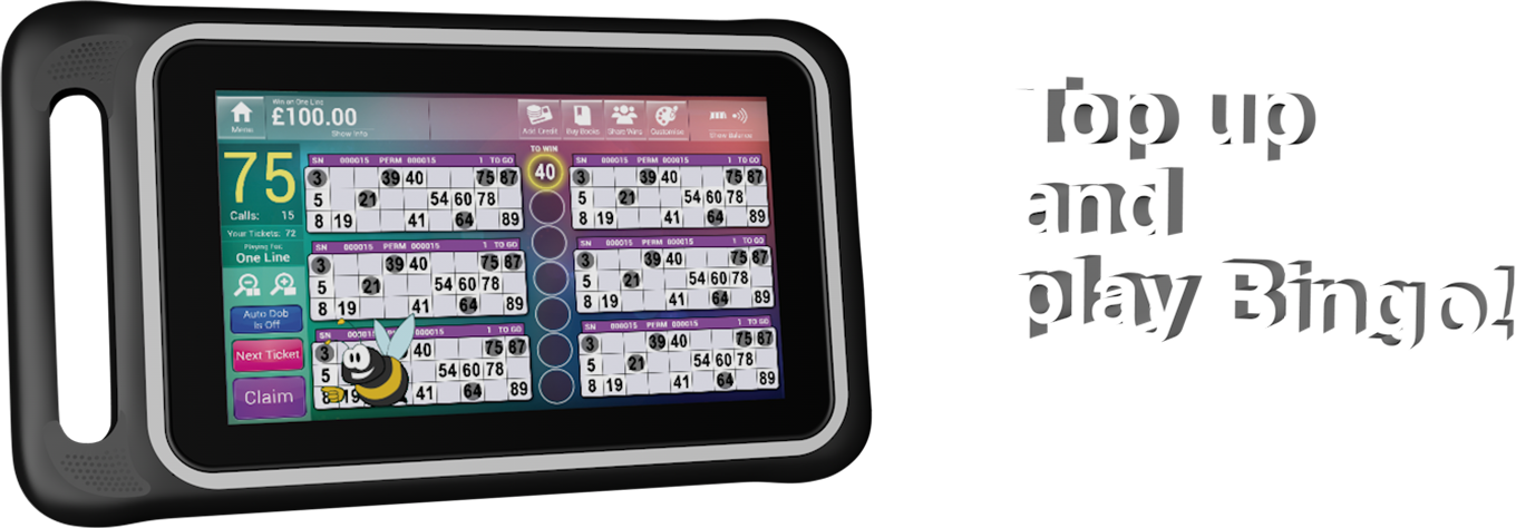 Image of a handheld gaming tablet display the ecm systems retail bingo mainstage ticket bingo with the text 'Top up and play Bingo!'