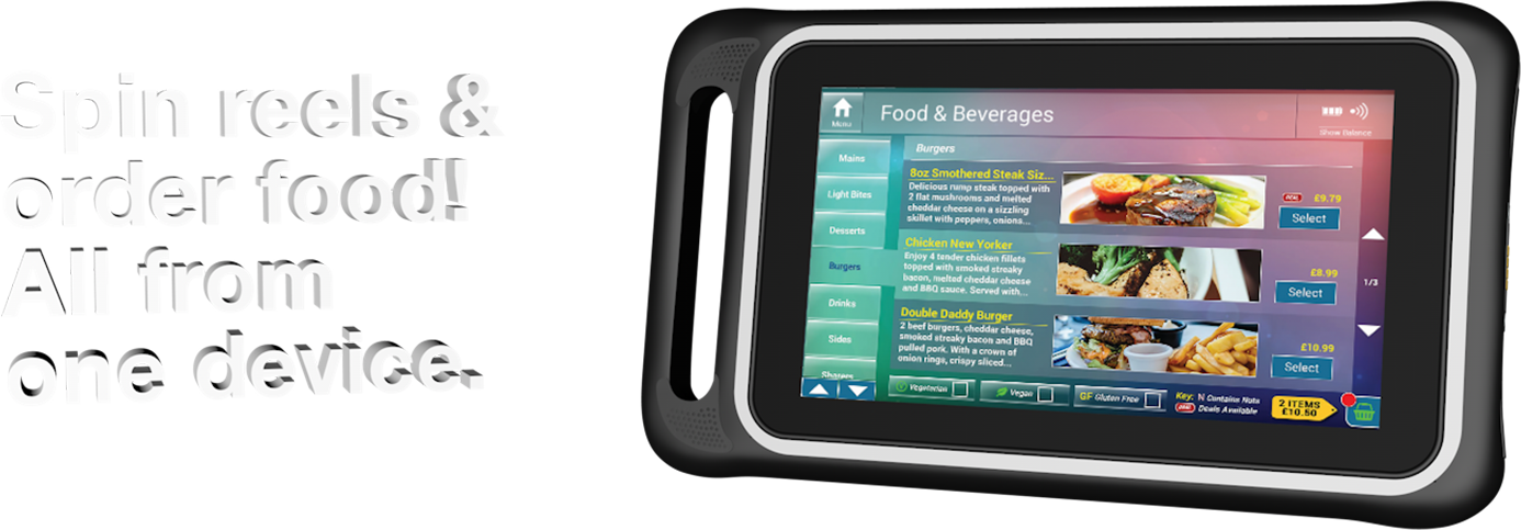 Image of a handheld gaming tablet display the ecm systems retail food and beverage order app with the text 'Spin reels games & order food! All from one device.'