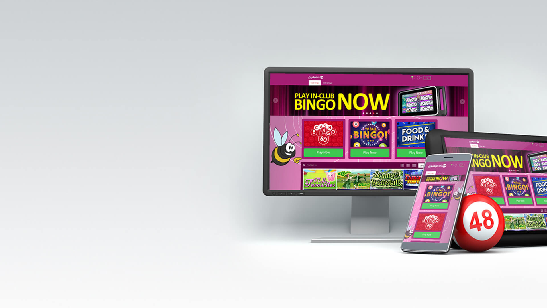 Image of Computer screen, mobile device, tablet and bingo ball all showing the Playtech One Portal omni channel website