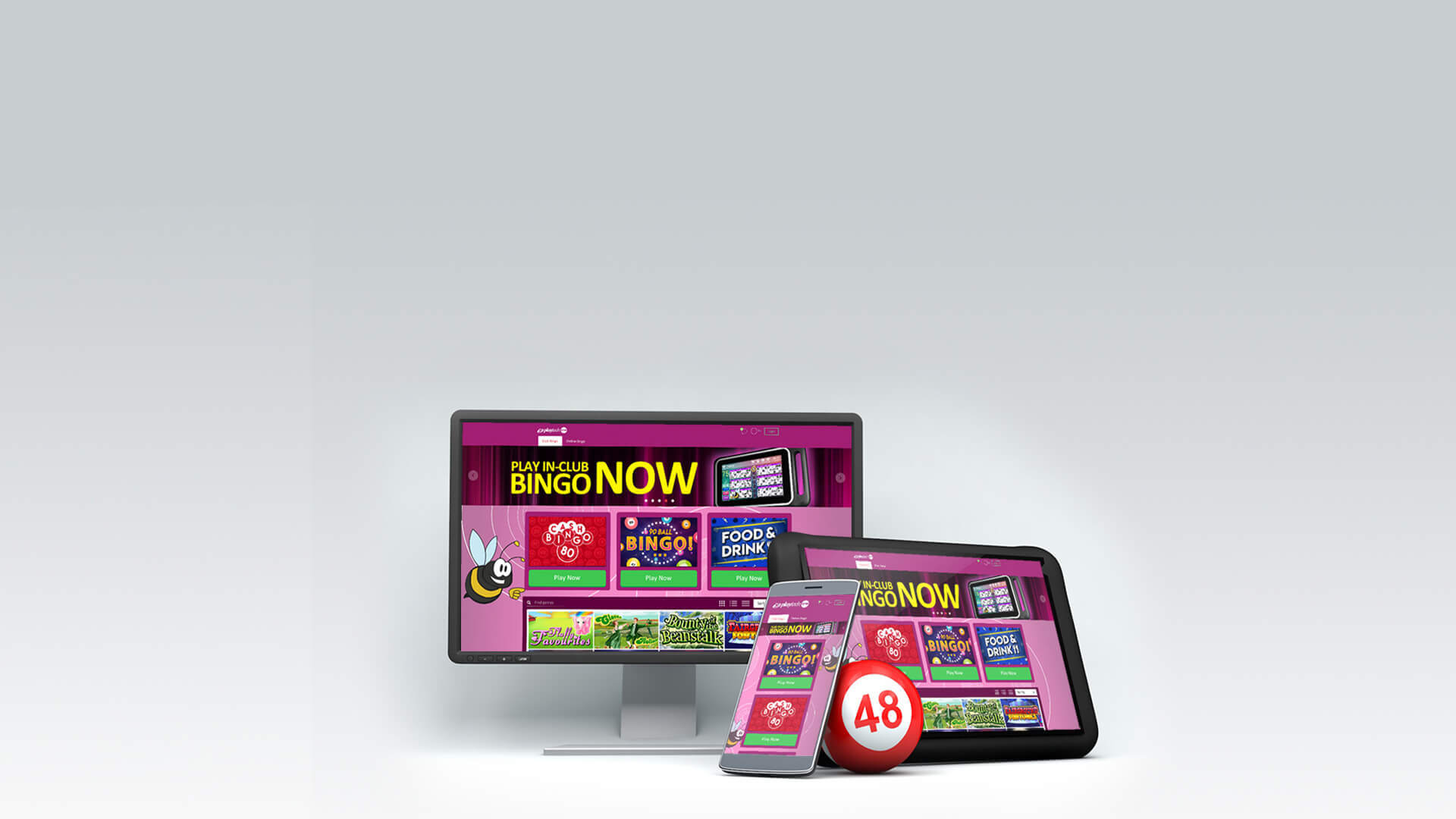 Image of Computer screen, mobile device, tablet and bingo ball all showing the Playtech One Portal omni channel website